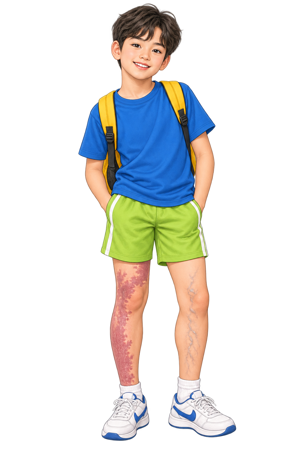 하지정맥류와 척추측만증, 화염상모반이 나타난 KT 증후군 남자아이 일러스트